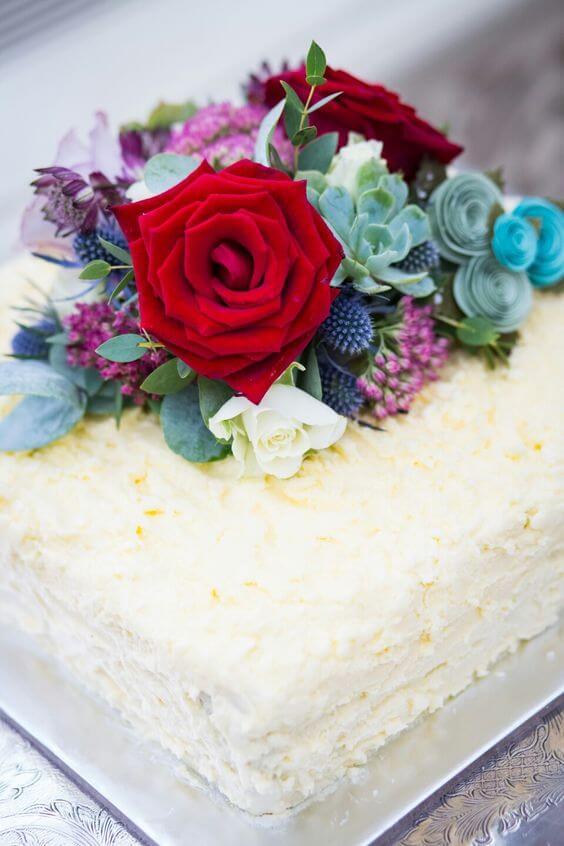 Cake topper - red roses and succulents